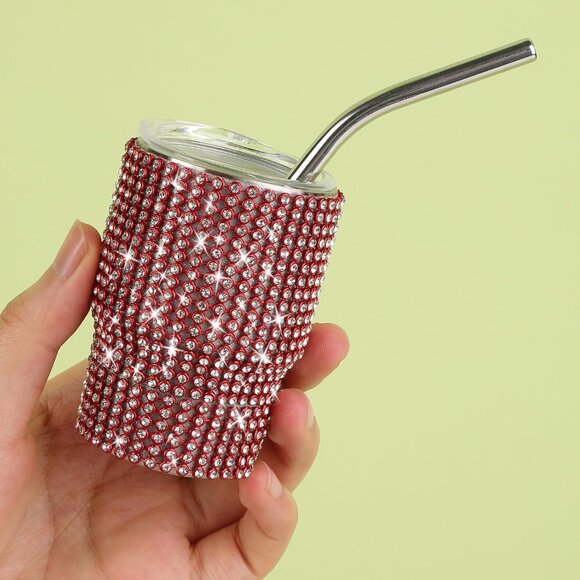 Red 3oz Diamond Stainless Steel Tumbler Shot Glass with Straw – Mini Travel Cup - Picture 4 of 6